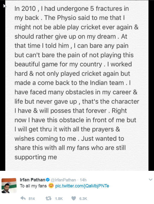 Irfan Pathan MessageTo His Fans
